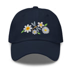 Dragonfly and white daisies embroidered baseball cap in navy, front view – Kate Spain design