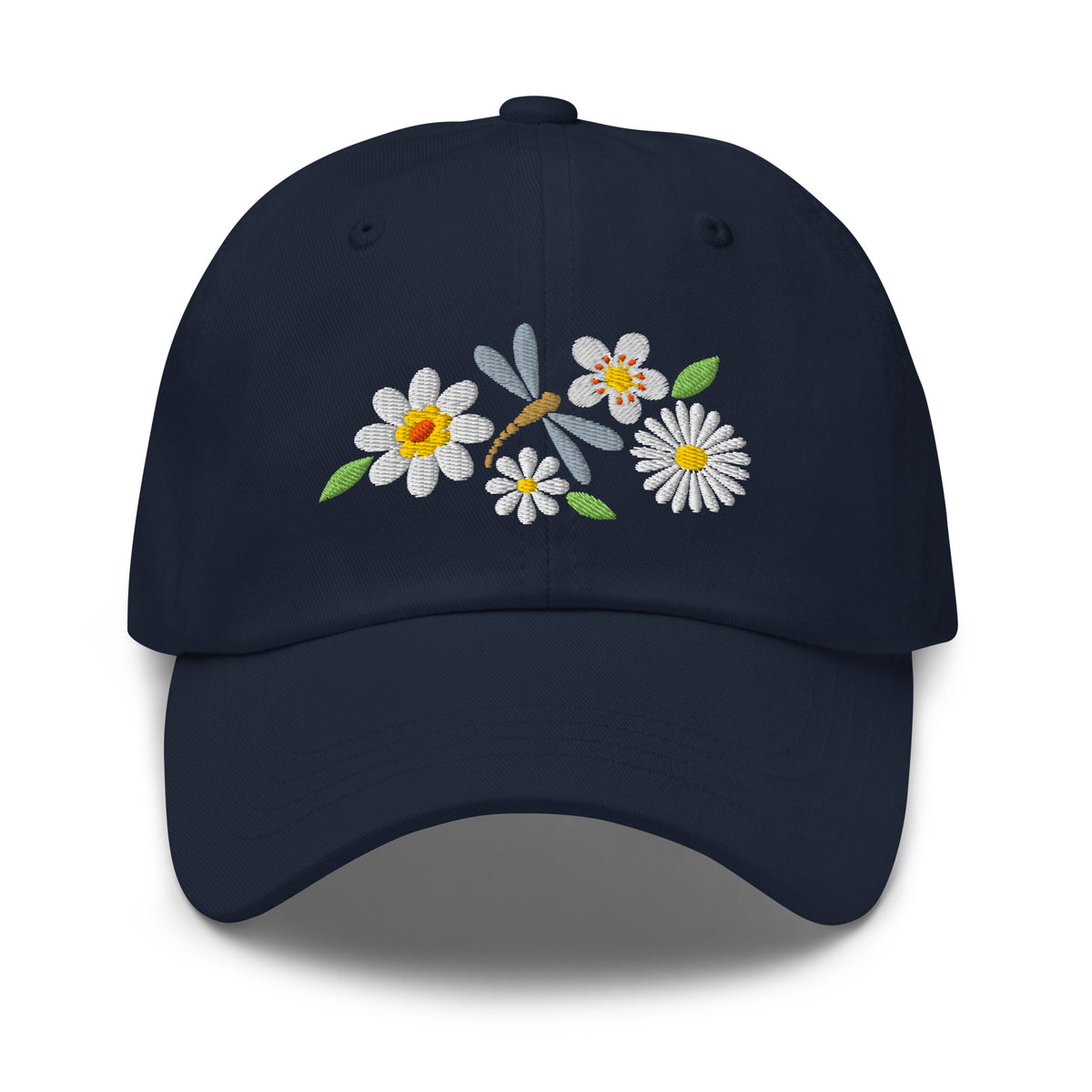 Dragonfly and white daisies embroidered baseball cap in navy, front view – Kate Spain design
