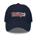“I’d rather be sewing” heart and sewing machine embroidered baseball cap in navy, front view – Kate Spain design