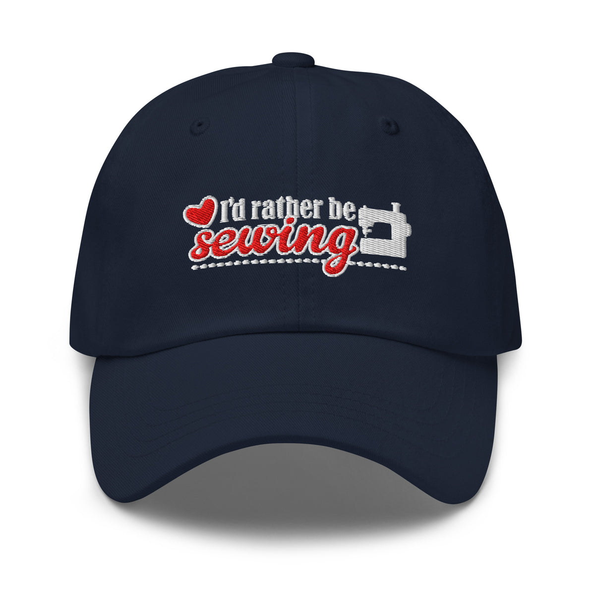 “I’d rather be sewing” heart and sewing machine embroidered baseball cap in navy, front view – Kate Spain design
