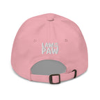 Law of the Paw® dog paw print embroidered baseball cap in pink, back view with Law of the Paw logo – Kate Spain design