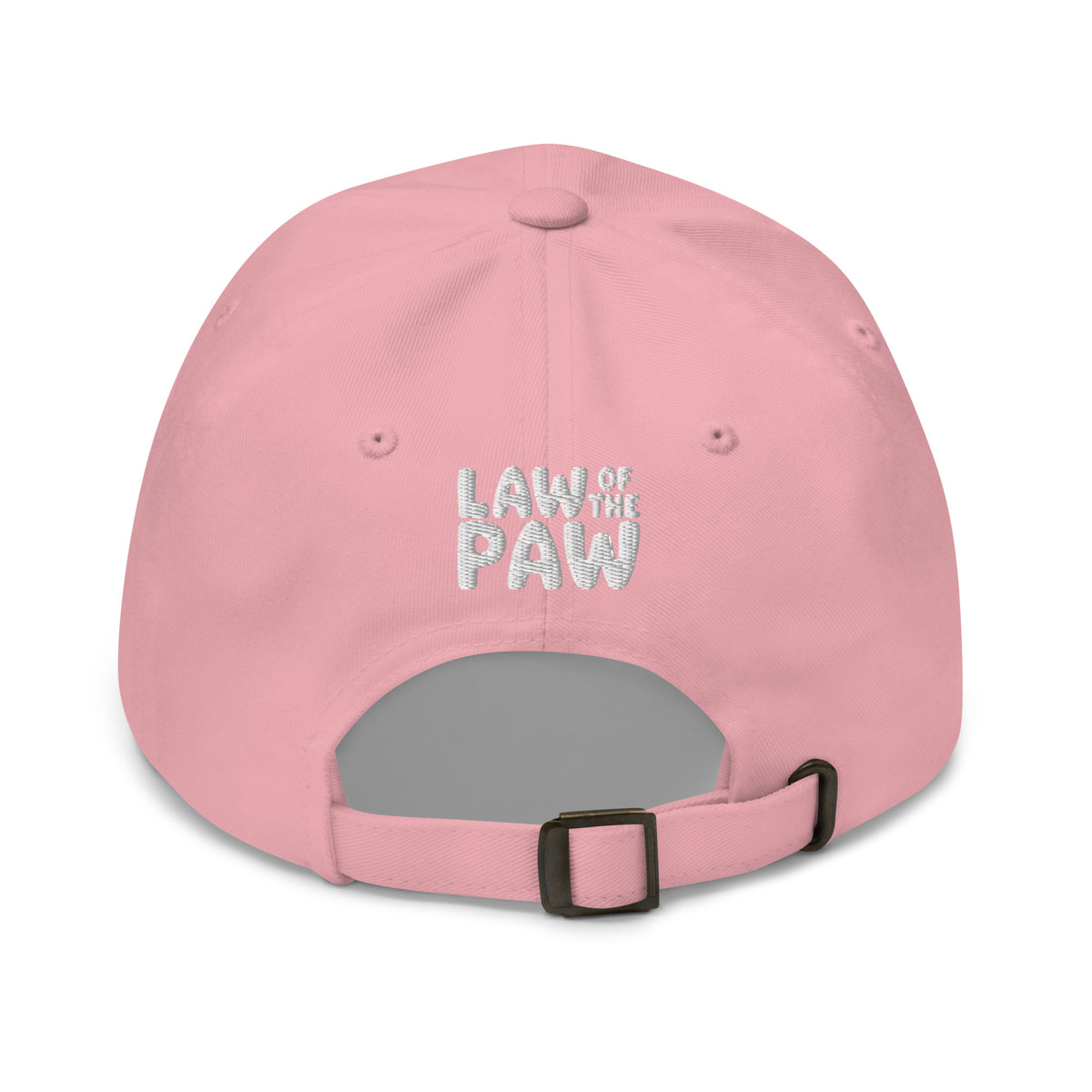 Law of the Paw® logo on the back of an embroidered baseball cap in pink, back view – Kate Spain design