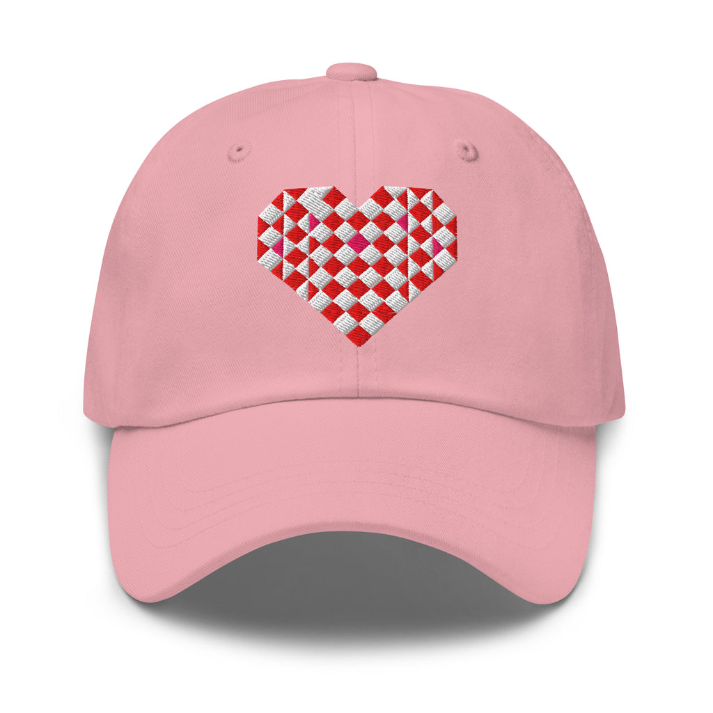 Quilted heart embroidered baseball cap in pink, front view – Kate Spain design