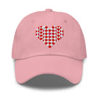 Quilted heart embroidered baseball cap in pink, front view – Kate Spain design