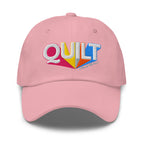Colorful “QUILT” lettering embroidered baseball cap in pink, front view – Kate Spain Moda Quilt design