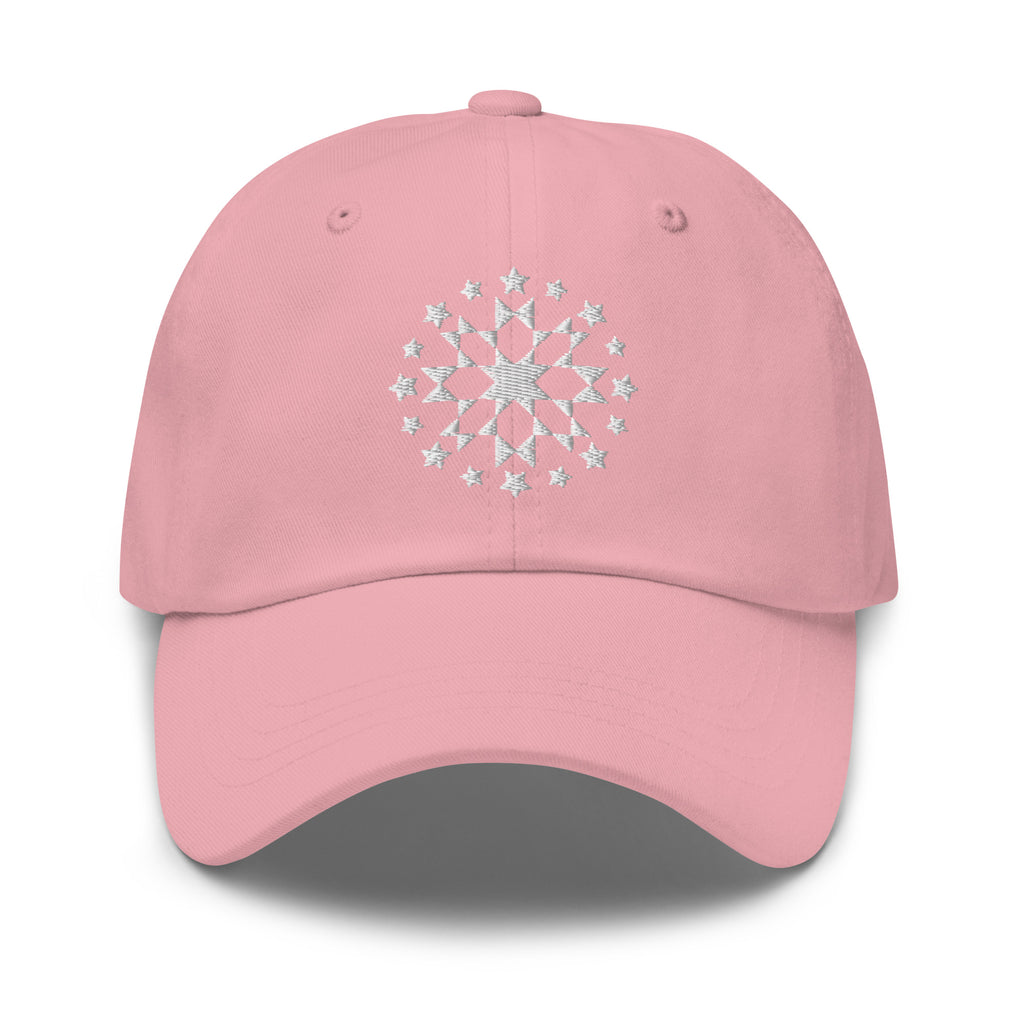 White starburst fireworks embroidered baseball cap in pink, front view – Kate Spain design
