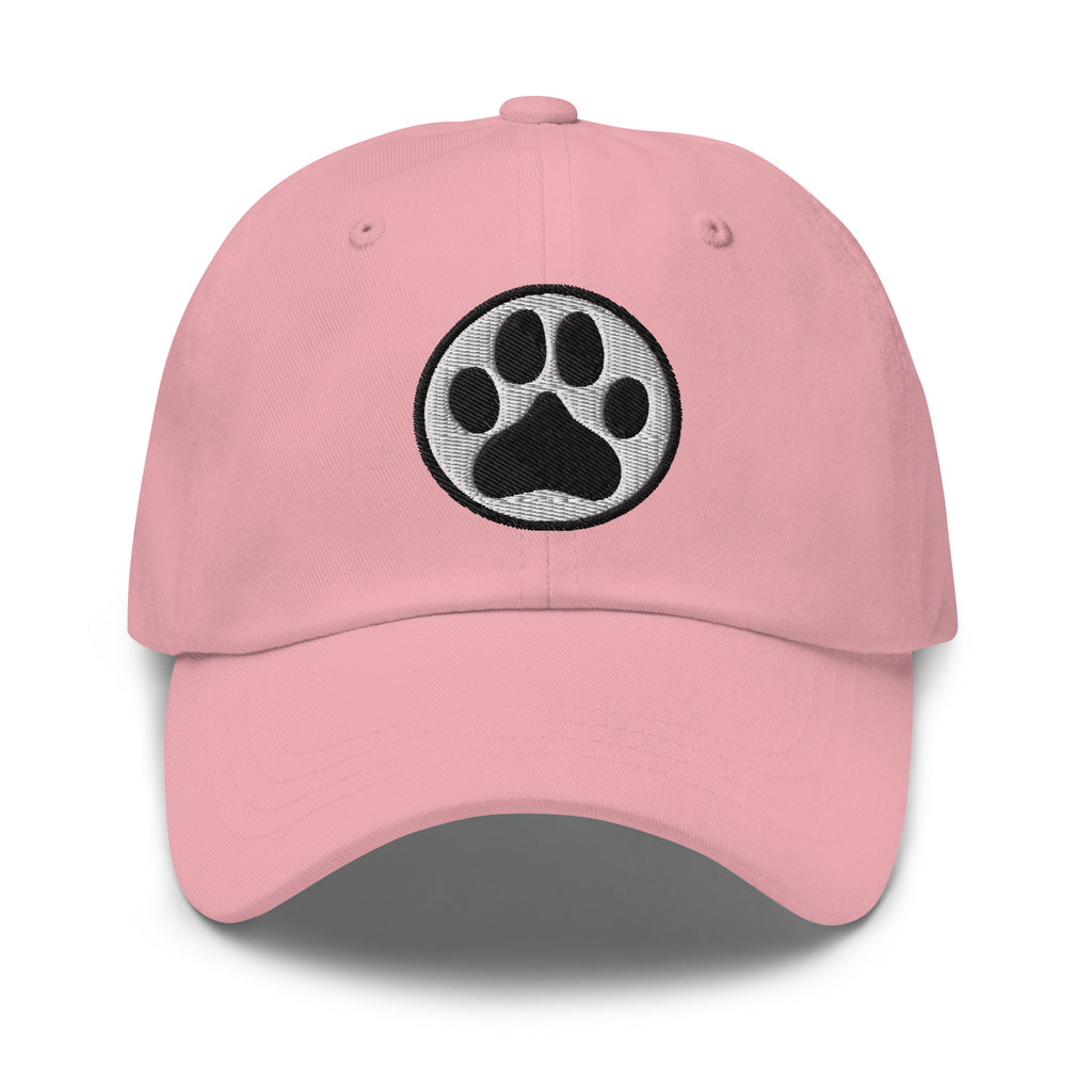 Law of the Paw® dog paw print embroidered baseball cap in pink, front view – Kate Spain design