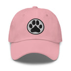 Law of the Paw® dog paw print embroidered baseball cap in pink, front view – Kate Spain design