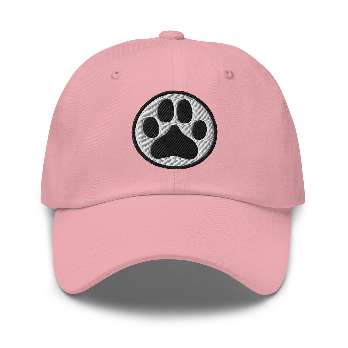 Law of the Paw® dog paw print embroidered baseball cap in pink, front view – Kate Spain design