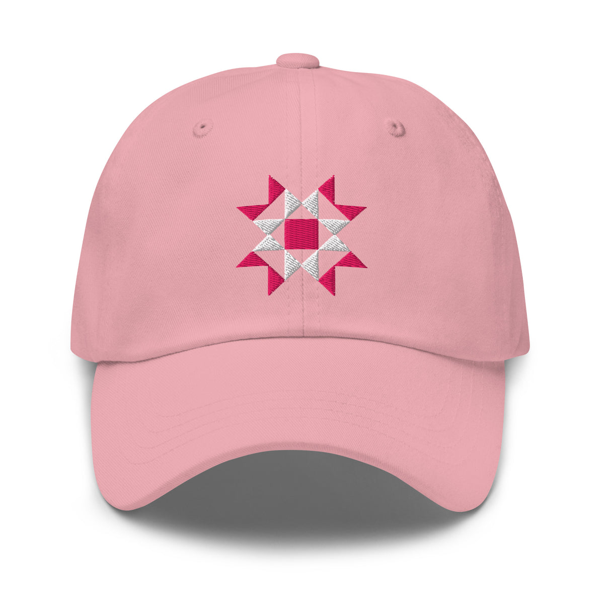 Eight-point quilt star embroidered baseball cap in pink, front view – Kate Spain design