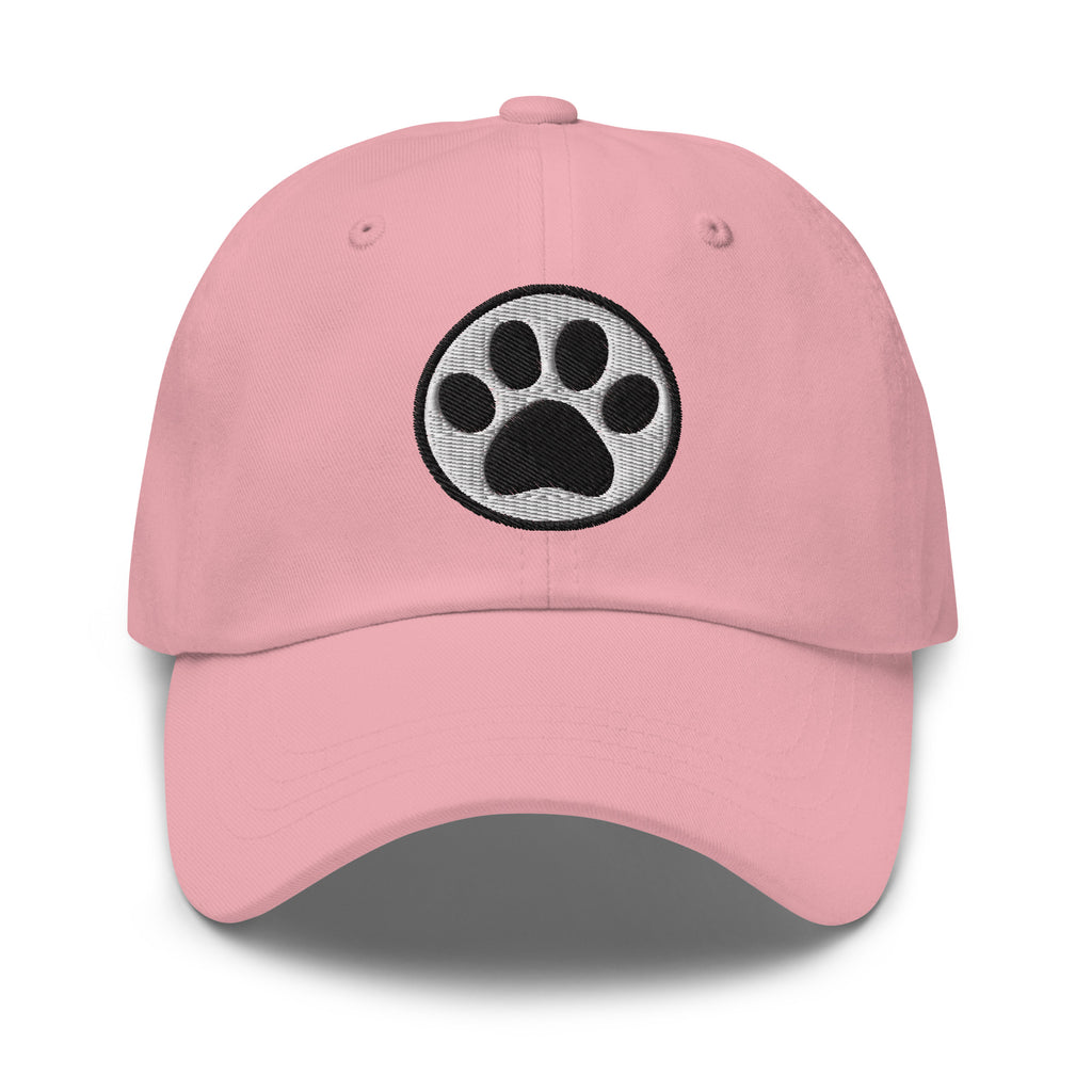 Law of the Paw® cat paw print embroidered baseball cap in pink, front view – Kate Spain design