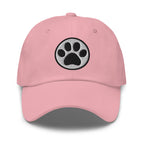 Law of the Paw® cat paw print embroidered baseball cap in pink, front view – Kate Spain design