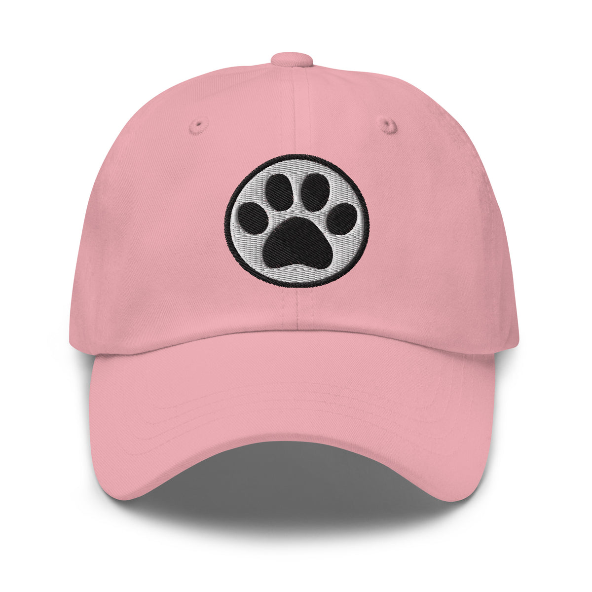 Law of the Paw® cat paw print embroidered baseball cap in pink, front view – Kate Spain design