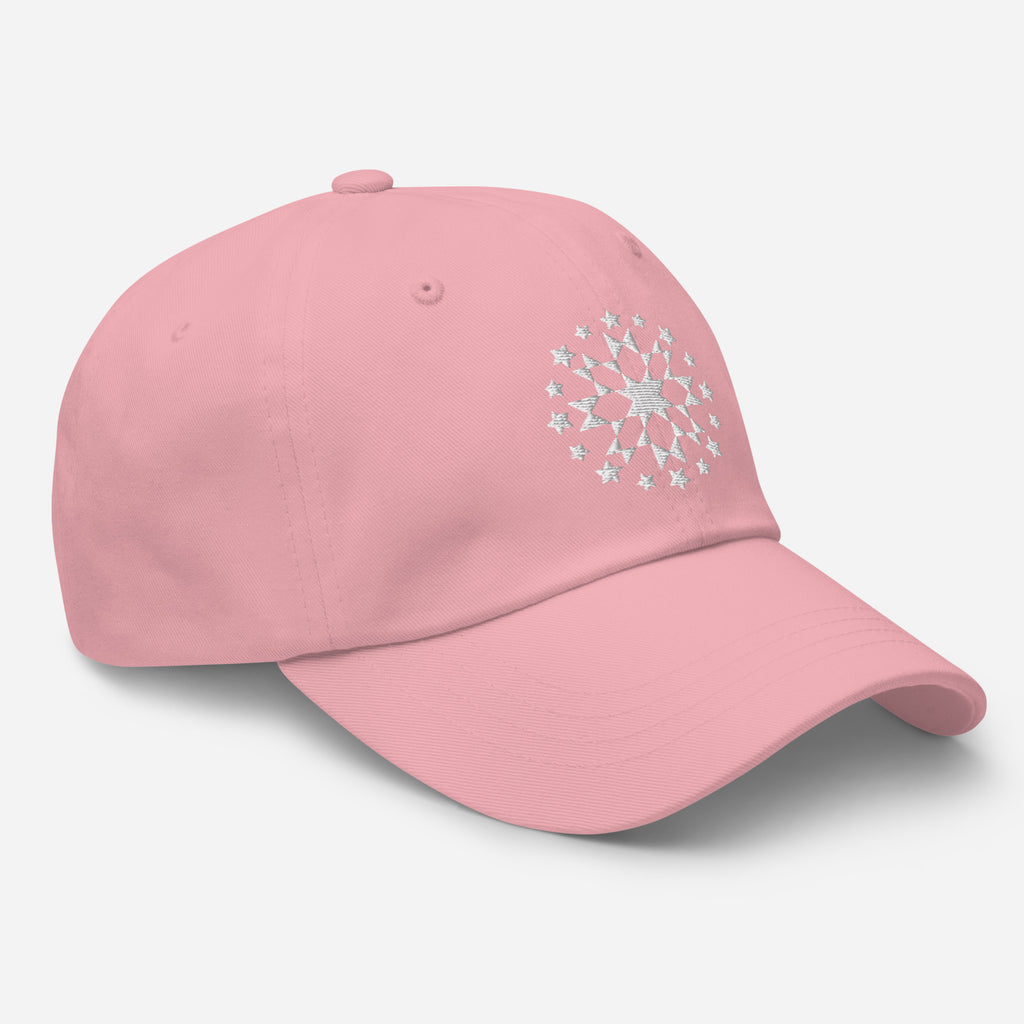 White starburst fireworks embroidered baseball cap in pink, angled front view – Kate Spain design