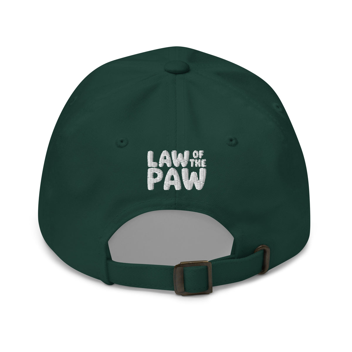 Law of the Paw® dog paw print embroidered baseball cap in forest green, back view with Law of the Paw logo – Kate Spain design