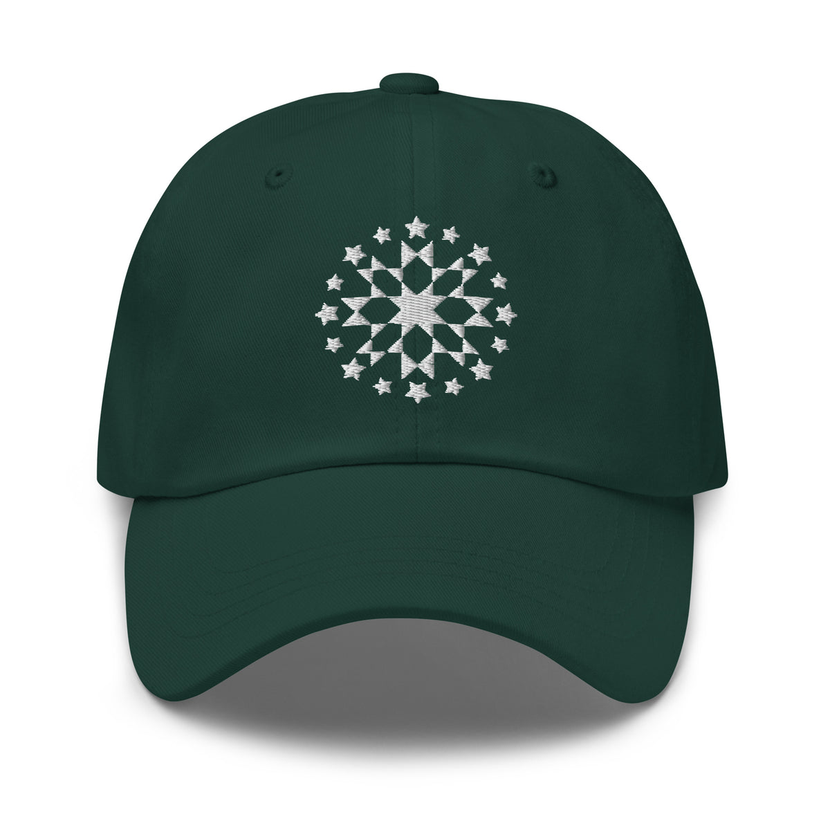 White starburst fireworks embroidered baseball cap in forest green, front view – Kate Spain design