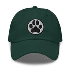 Law of the Paw® dog paw print embroidered baseball cap in forest green, front view – Kate Spain design
