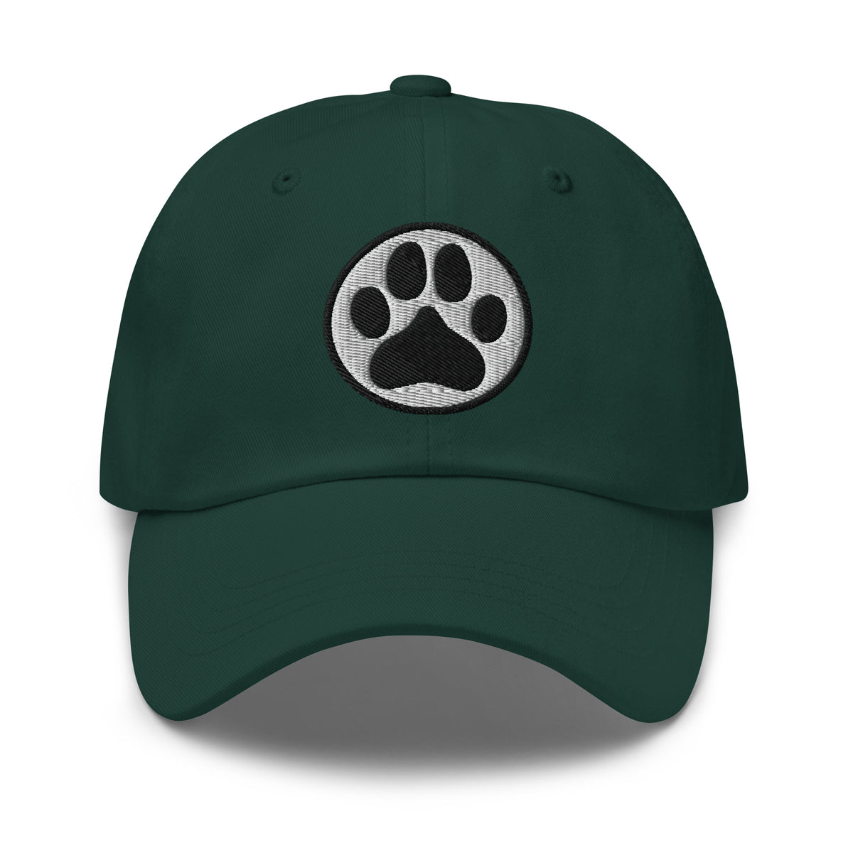 Law of the Paw® dog paw print embroidered baseball cap in forest green, front view – Kate Spain design