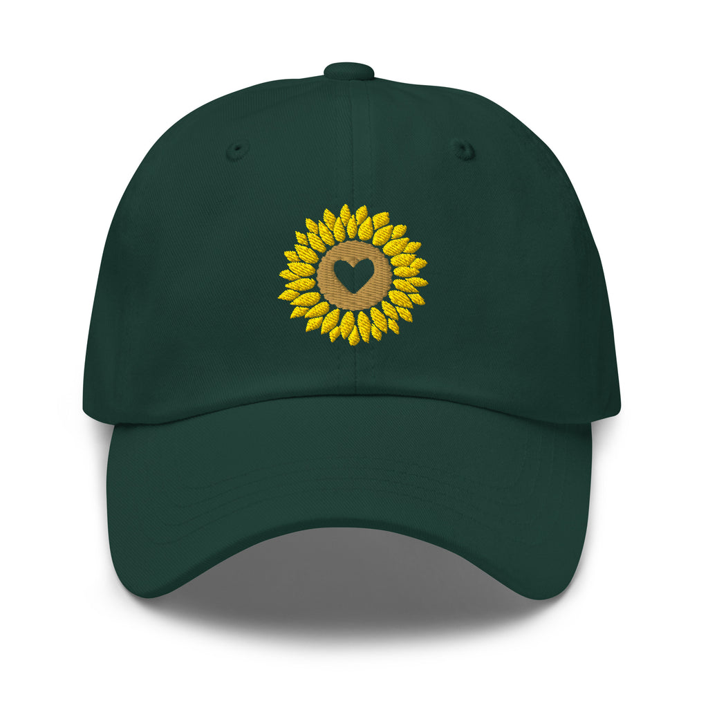 Heart-centered golden sunflower embroidered baseball cap in spruce green, front view – Kate Spain design