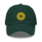 Heart-centered golden sunflower embroidered baseball cap in spruce green, front view – Kate Spain design