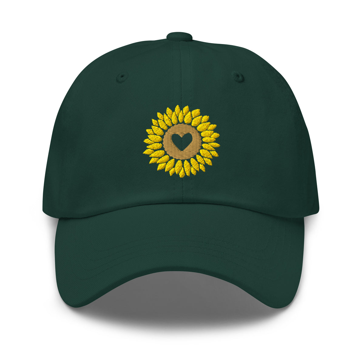 Heart-centered golden sunflower embroidered baseball cap in spruce green, front view – Kate Spain design