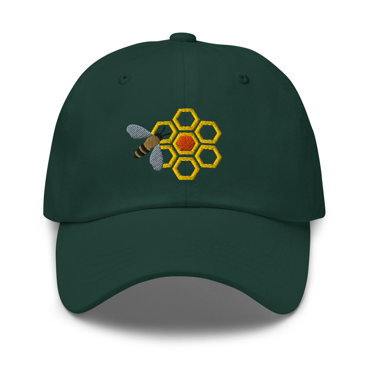 Honey bee and golden honeycomb embroidered baseball cap in spruce green, front view – Kate Spain design