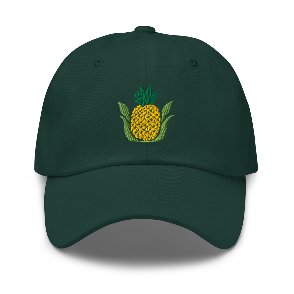Golden pineapple embroidered baseball cap in spruce green, front view – Kate Spain design
