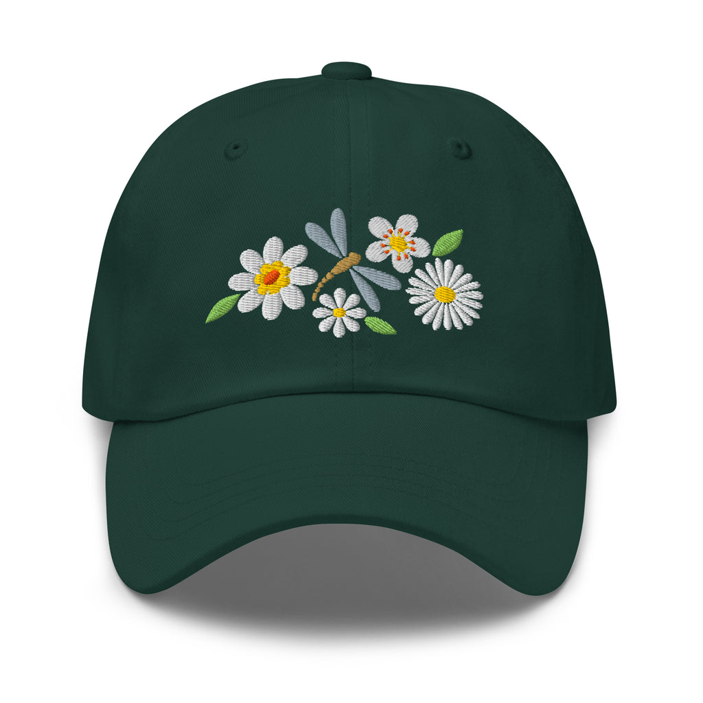 Dragonfly and white daisies embroidered baseball cap in spruce green, front view – Kate Spain design