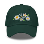 Dragonfly and white daisies embroidered baseball cap in spruce green, front view – Kate Spain design