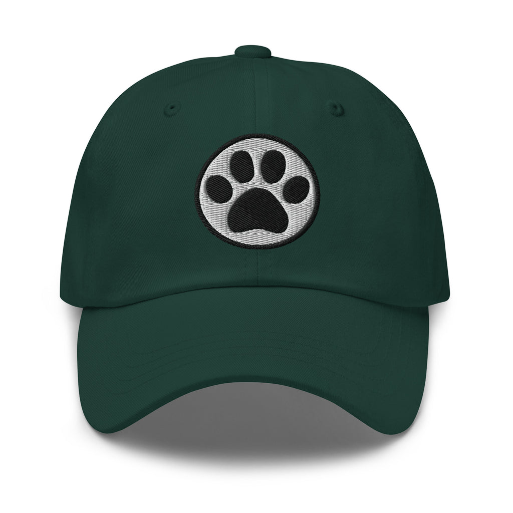 Law of the Paw® cat paw print embroidered baseball cap in forest green, front view – Kate Spain design
