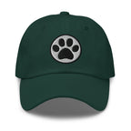 Law of the Paw® cat paw print embroidered baseball cap in forest green, front view – Kate Spain design