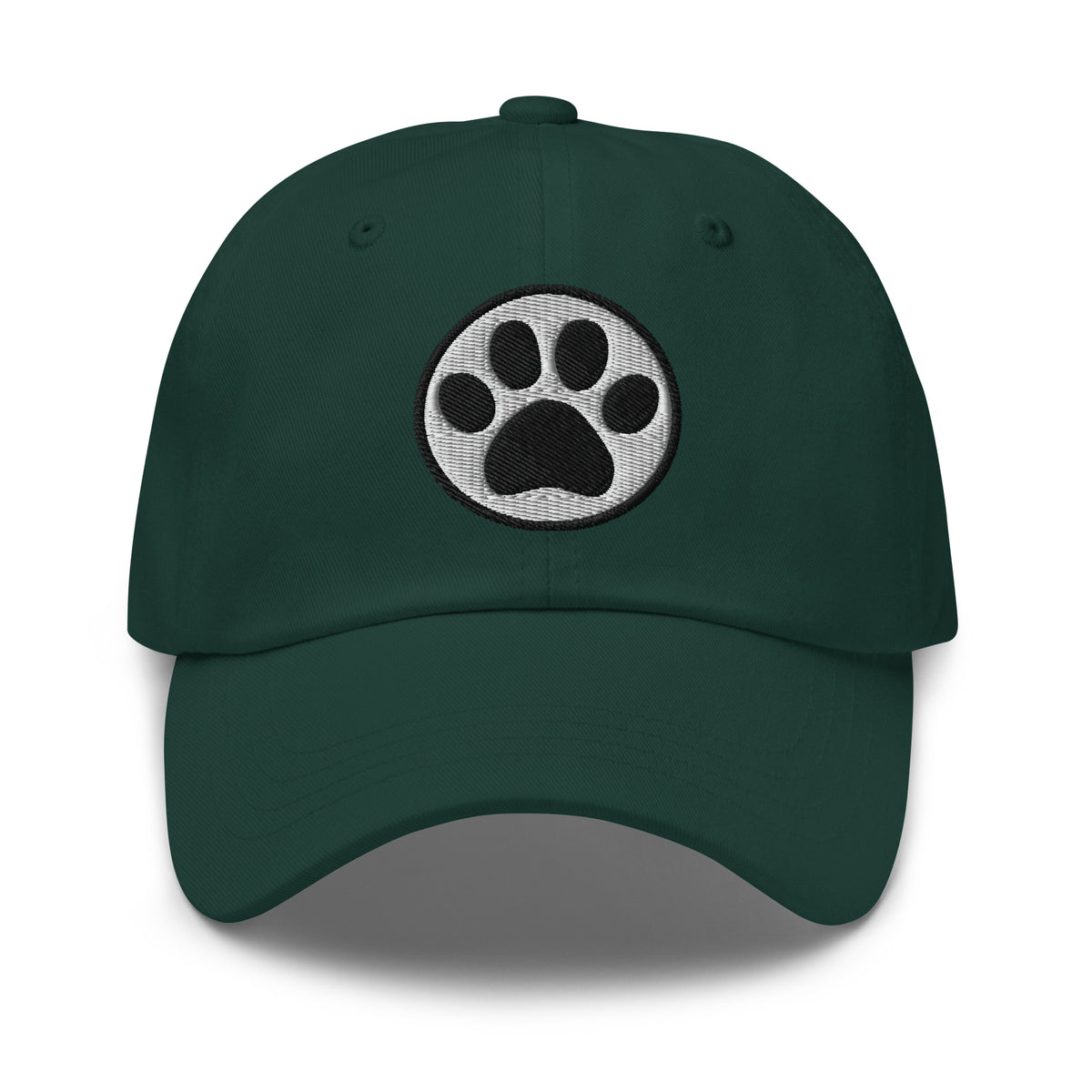 Law of the Paw® cat paw print embroidered baseball cap in forest green, front view – Kate Spain design