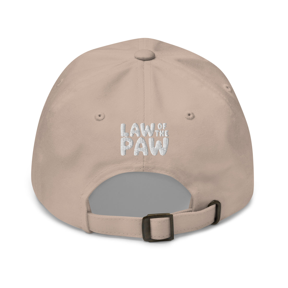 Law of the Paw® dog paw print embroidered baseball cap in stone, back view with Law of the Paw logo – Kate Spain design