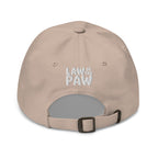 Law of the Paw® logo on the back of an embroidered baseball cap in stone, back view – Kate Spain design