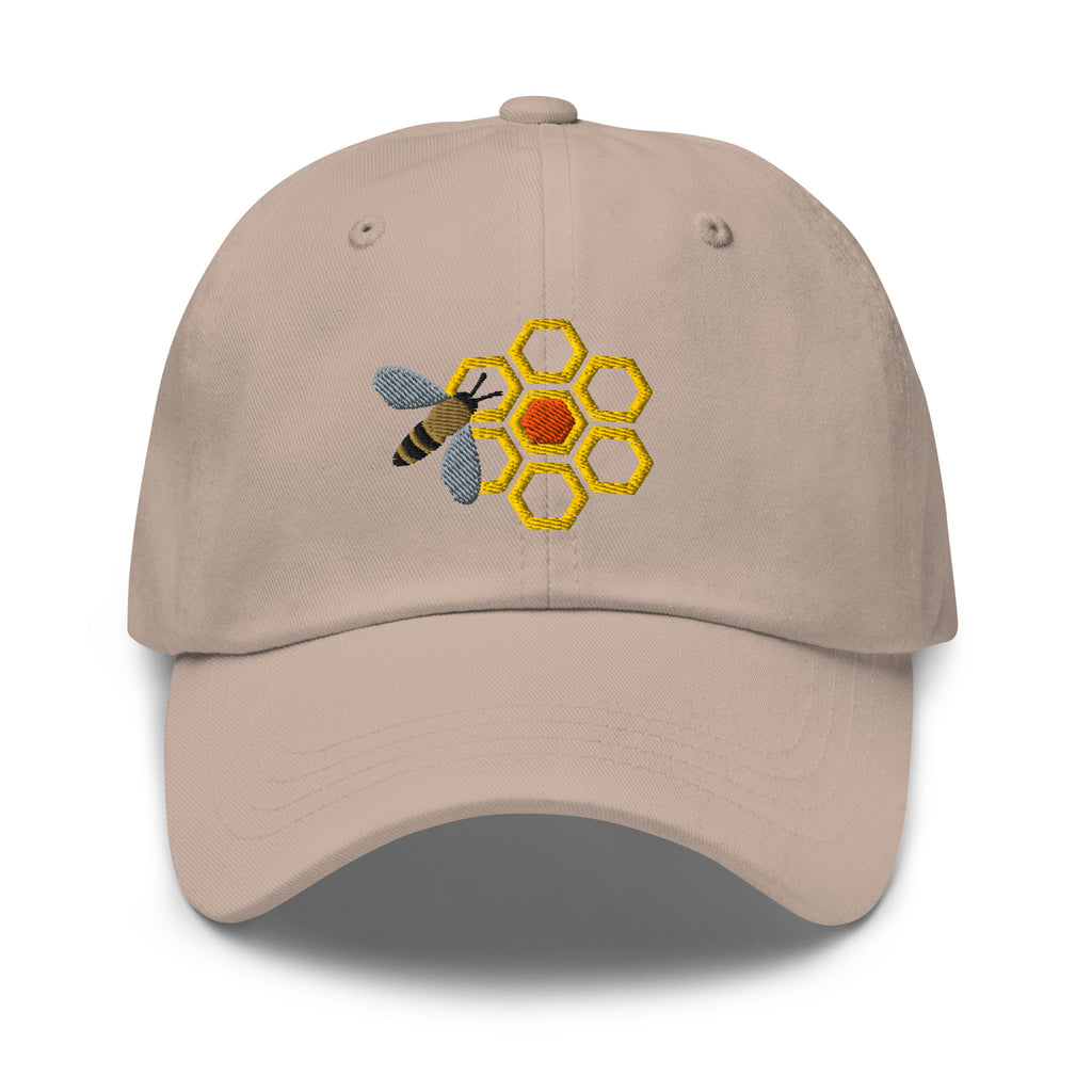 Honey bee and golden honeycomb embroidered baseball cap in stone, front view – Kate Spain design
