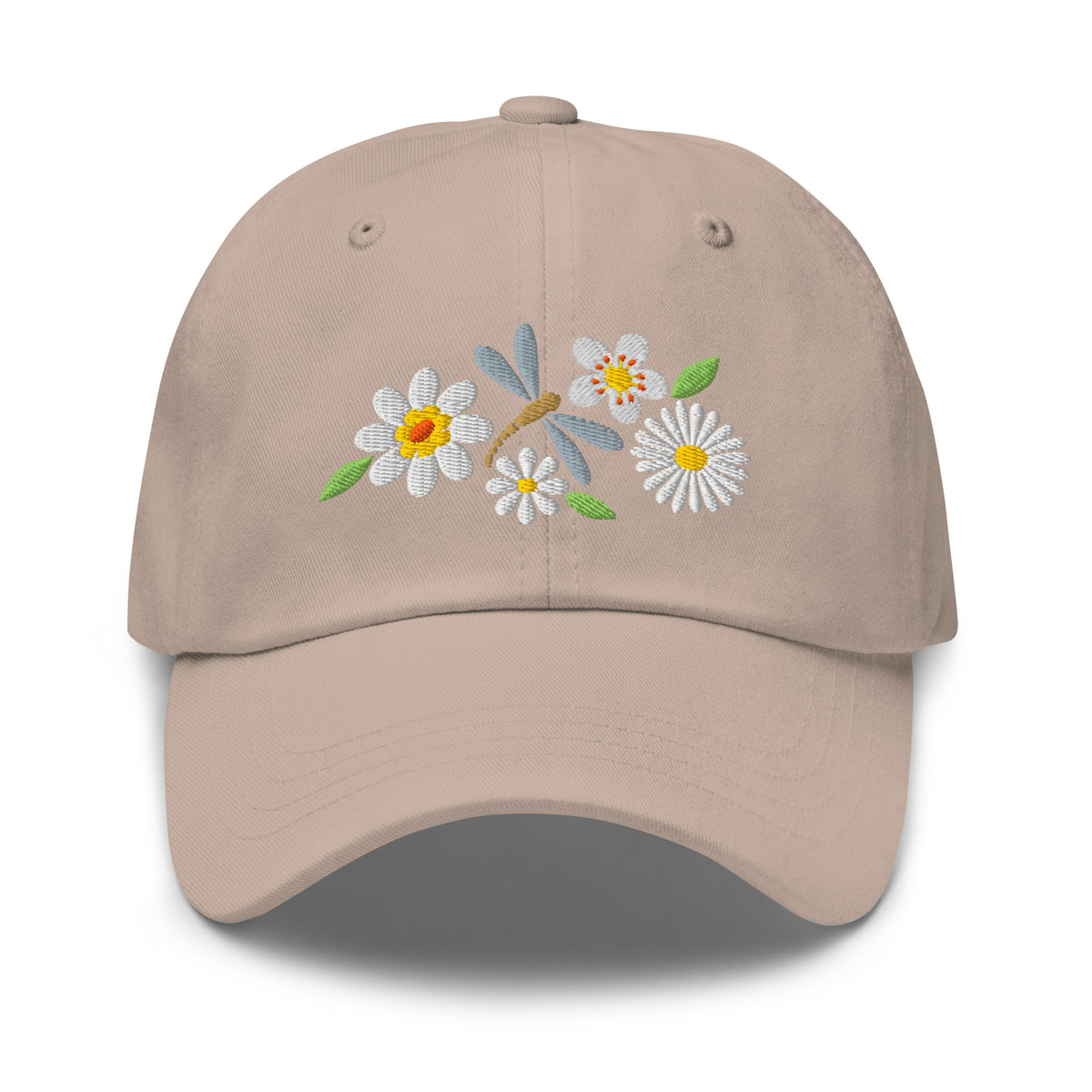 Dragonfly and white daisies embroidered baseball cap in stone, front view – Kate Spain design