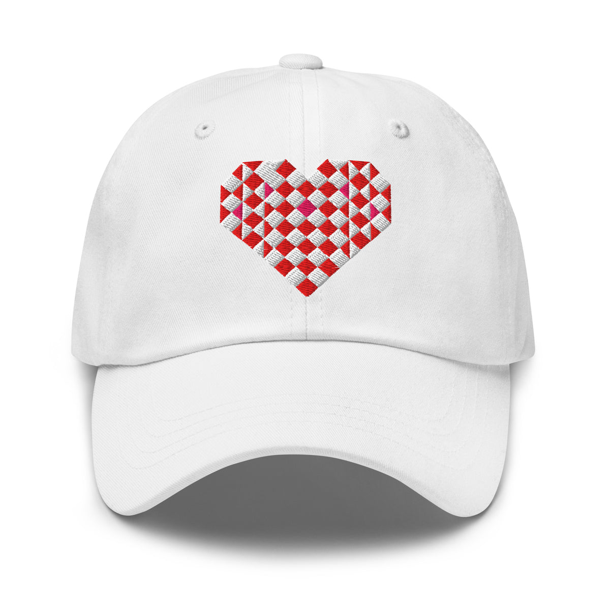 Quilted heart embroidered baseball cap in white, front view – Kate Spain design