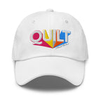 Colorful “QUILT” lettering embroidered baseball cap in white, front view – Kate Spain Moda Quilt design