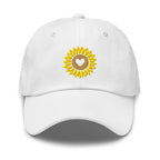 Heart-centered golden sunflower embroidered baseball cap in white, front view – Kate Spain design