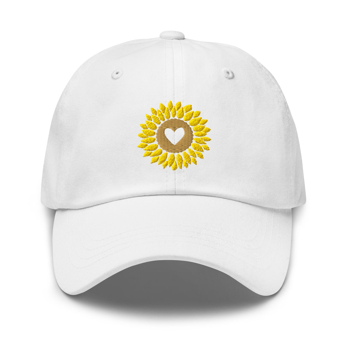 Heart-centered golden sunflower embroidered baseball cap in white, front view – Kate Spain design