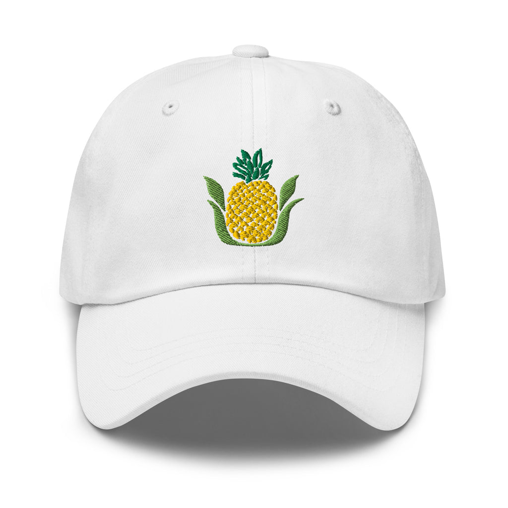 Golden pineapple embroidered baseball cap in white, front view – Kate Spain design