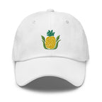 Golden pineapple embroidered baseball cap in white, front view – Kate Spain design