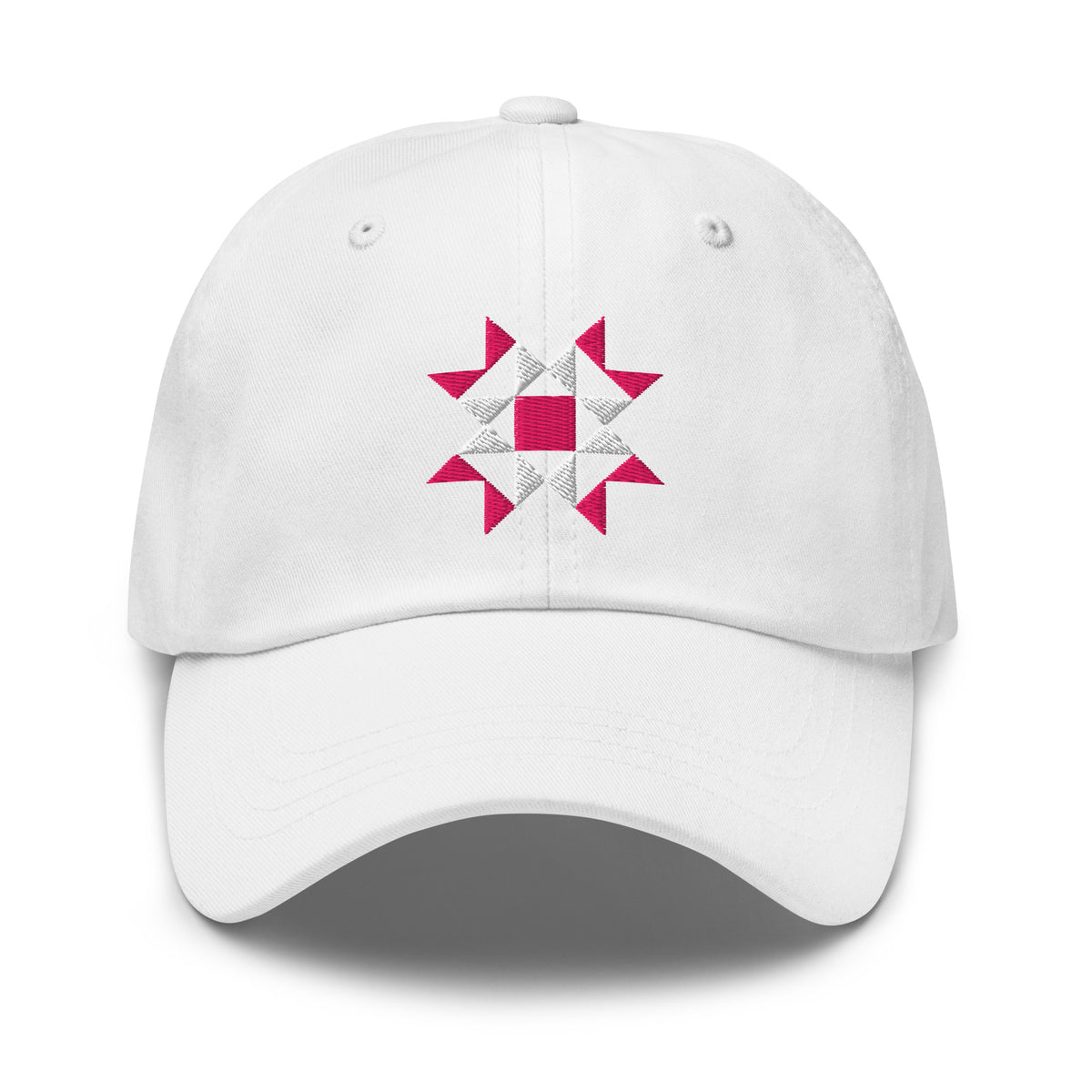 Eight-point quilt star embroidered baseball cap in white, front view – Kate Spain design
