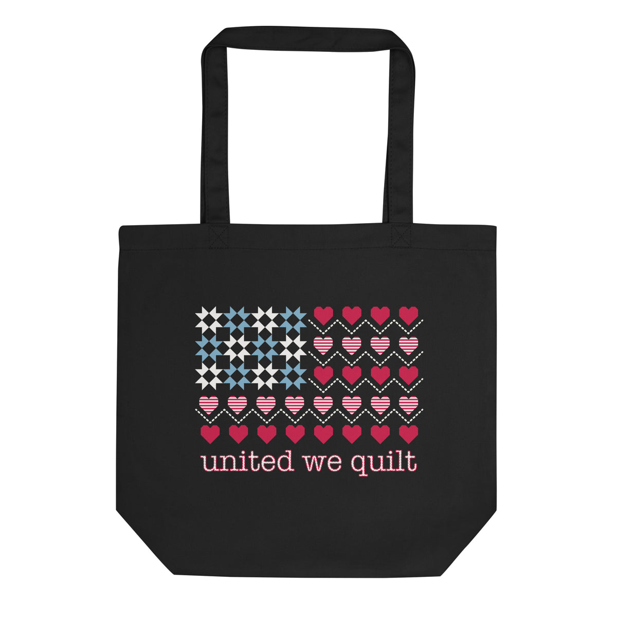 United We Quilt patchwork flag on a black organic cotton tote bag – Kate Spain design for Pat Sloan