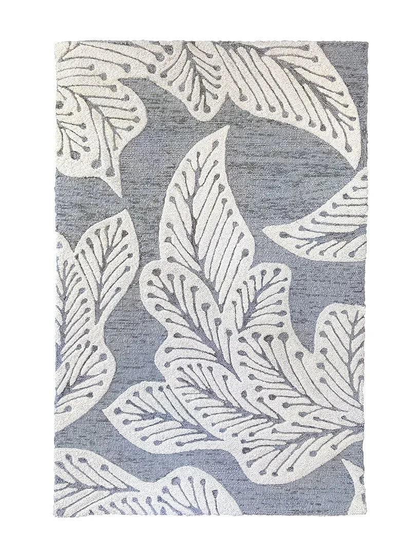 eye heart hand Grey Leaf hand-tufted wool rug with oversized cream leaves on grey, full rug, top view – Kate Spain design