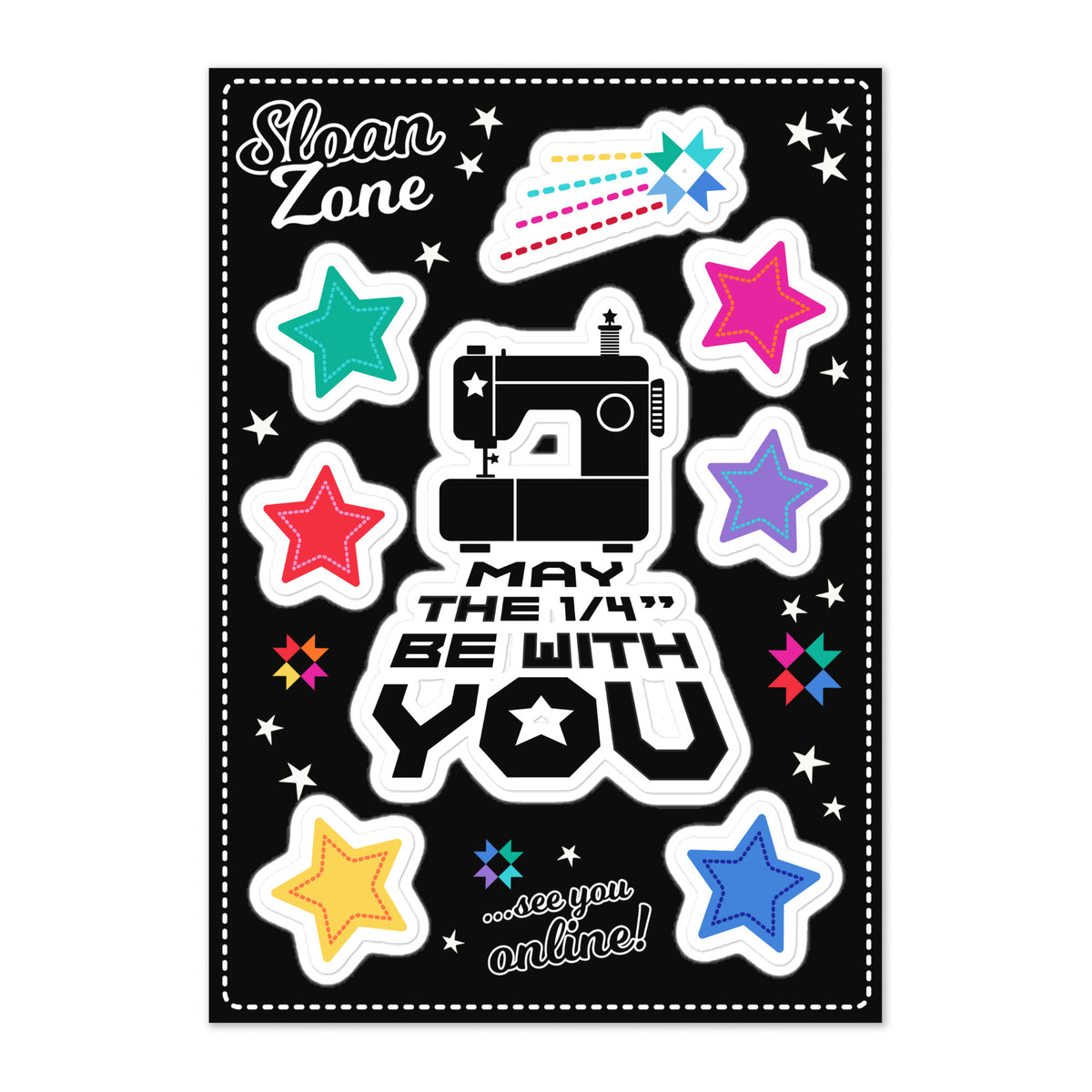 May the ¼" Be With You kiss-cut sticker sheet with a sewing machine, stars and Sloan Zone labels – Kate Spain design for Pat Sloan