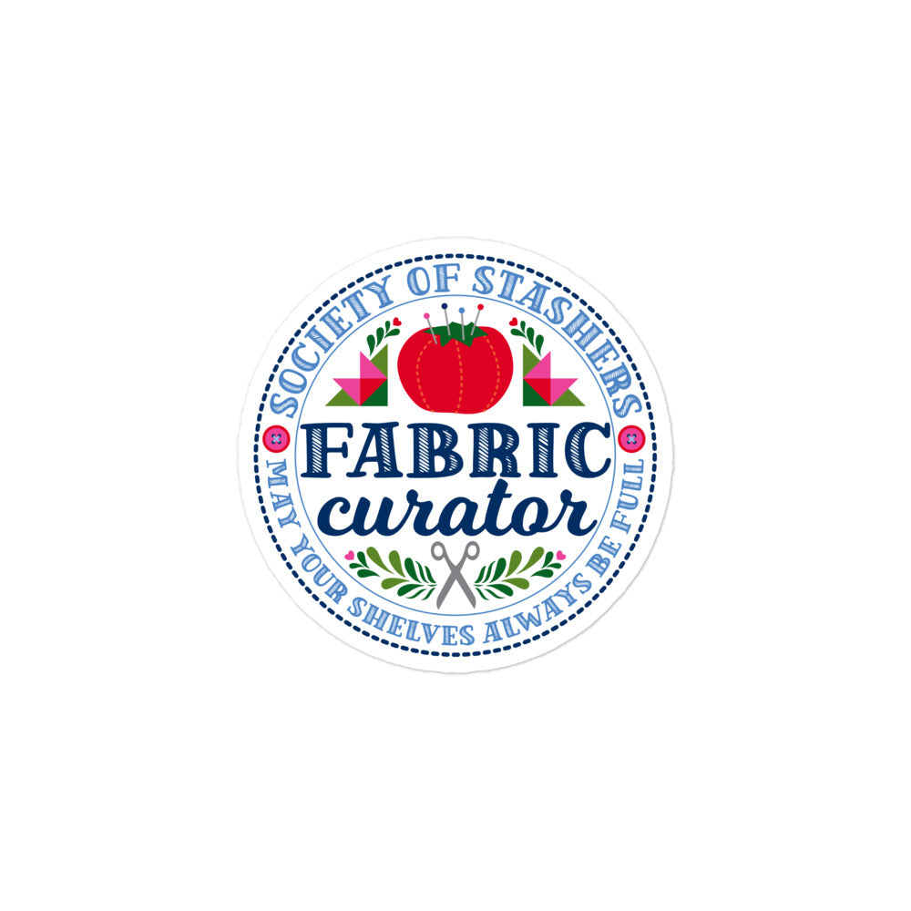 Fabric Curator Society of Stashers badge kiss-cut sticker, 3 by 3 inch – Kate Spain design for Pat Sloan