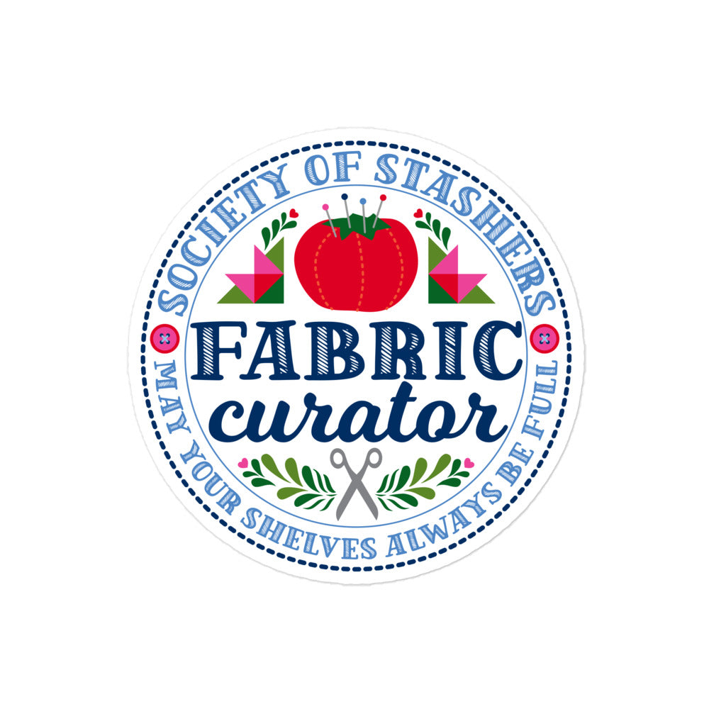 Fabric Curator Society of Stashers badge kiss-cut sticker, 4 by 4 inch – Kate Spain design for Pat Sloan