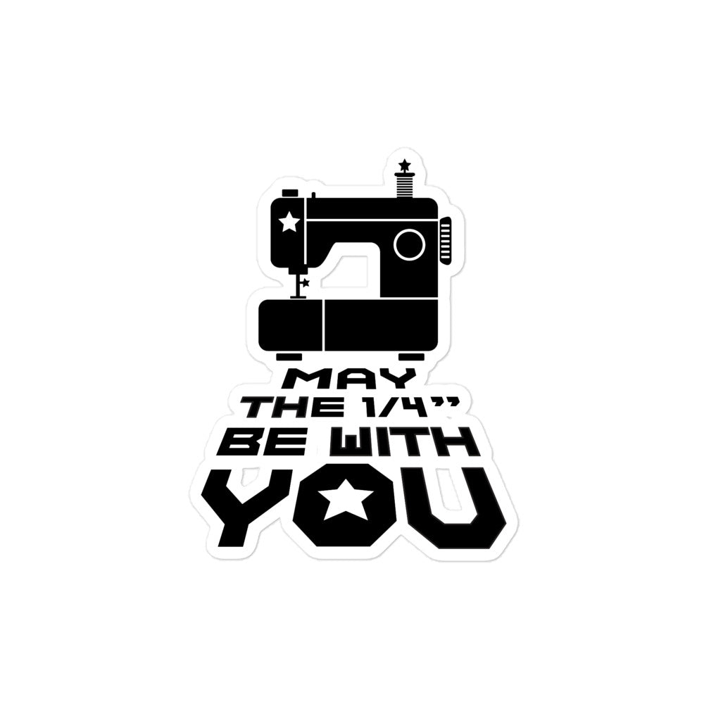 May the ¼" Be With You black sewing machine graphic kiss-cut vinyl sticker, 4 by 4 inch size – Kate Spain design for Pat Sloan