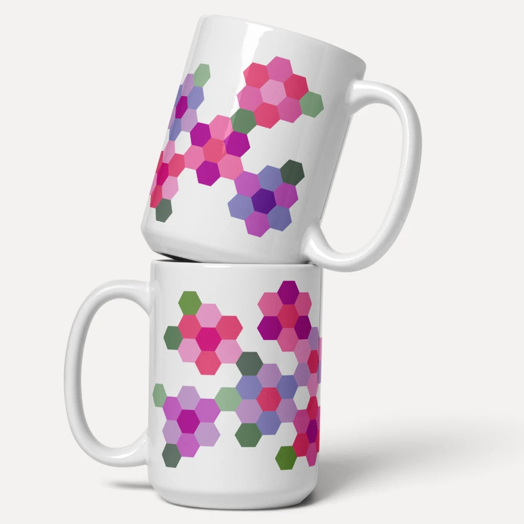 Two 15 oz ceramic mugs with the Pink GeoFlora hexagon flower design, stacked – Kate Spain design for Pat Sloan